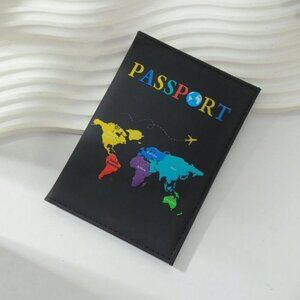 Passport Folder Holder Black with World Map NWT